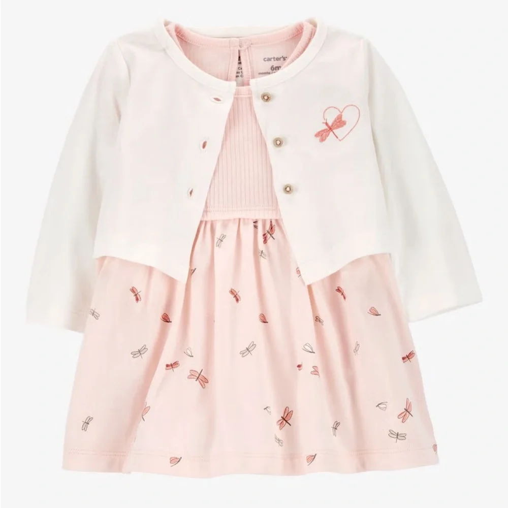 Carter’s Baby 2-Piece Bodysuit Dress & Cardigan Set Newborn Dragonfly Pink White